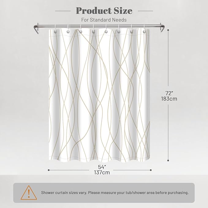 Punkray Beige Khaki Shower Curtain for Bathroom with Hooks, Extra Long Shower Curtain Set Stripe Bath Curtains Decorative White Shower Curtains Weighted Hem Water Repellent Washable, 54 x 72