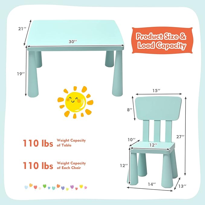 LDAILY Kids Table and Chairs, 3-Piece Children Arts Nursery Furniture for Drawing, Reading, and Painting, Light Weight Plastic Activity Kids Desk and Chair Set for Playroom, Kindergarten (Green)