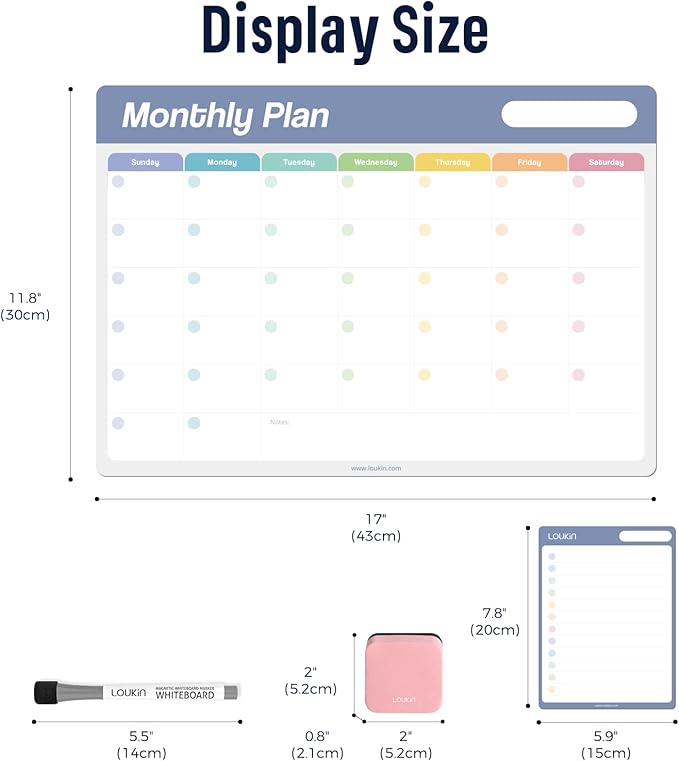 Loukin Dry Erase Calendar Set, Monthly Planner and Checklist, Electrostatic Adsorption Reusable Whiteboard for Office Classroom Refrigerator, Clings to Any Shiny Surface, 6 Markers&1 Eraser Included