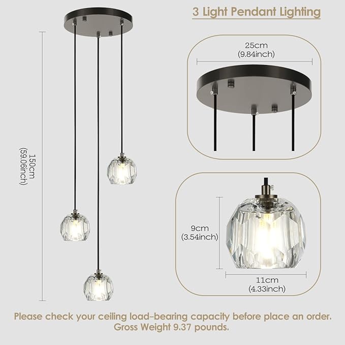 3 Lights Pendant Lighting, Brushed Black Cluster Pendant Light Kitchen Island, Cut Crystal Pendant Light Fixture Hanging Lights for Dining Room Foyer Bathroom