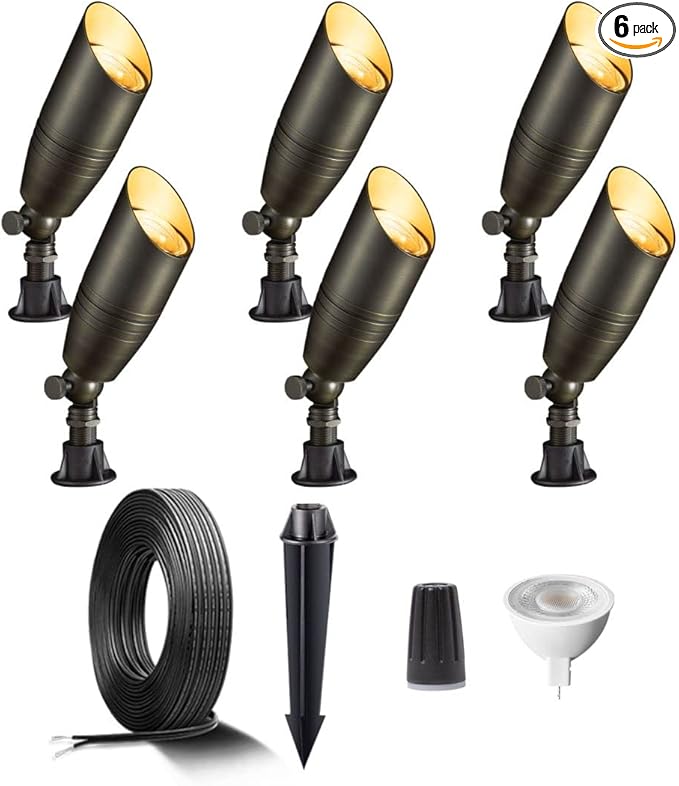 Brass Low Voltage Landscape Spotlights(6-Pack) Kit 12V LED with 100 Feet Wire and 30Pack Connectors for Outdoor Yard Garden Patio Without Transformer