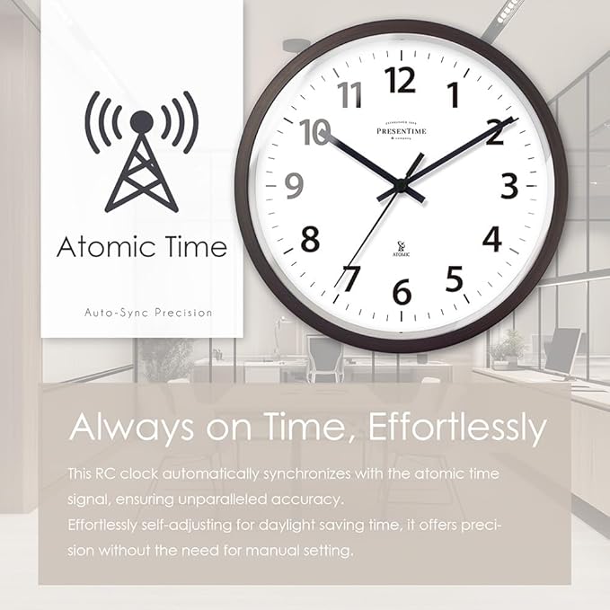 Presentime & Co 12" Atomic Wall Clock, Silent no Ticking, Automatically Sets Itself and Adjust to Daylight Saving Time by WWVB - Oil Rubbed Bronze Finish. (Home Office)