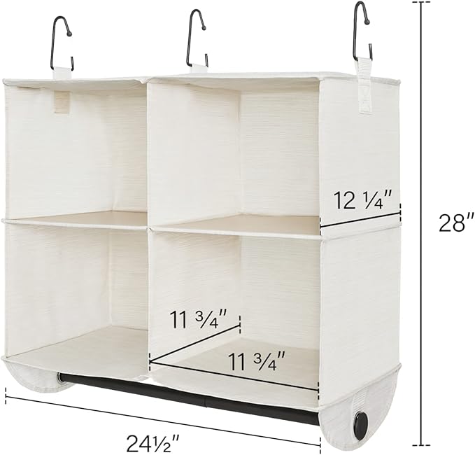 StorageWorks Hanging Closet Organizer with Metal Rod, 4-Section Closet Organizers and Storage, Collapsible Hanging Shelves for Baby Clothes, Shoes, Sweater Storage, Ivory and White