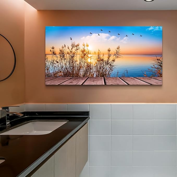 Wall Art For Living Room Canvas Print Artwork Wall Art Decor Blue Ocean Waves Sun Seaview Poster Painting Bedroom Wall Decorations Seascape Canvas Prints Picture Office Works Home Bathroom Wall Deco