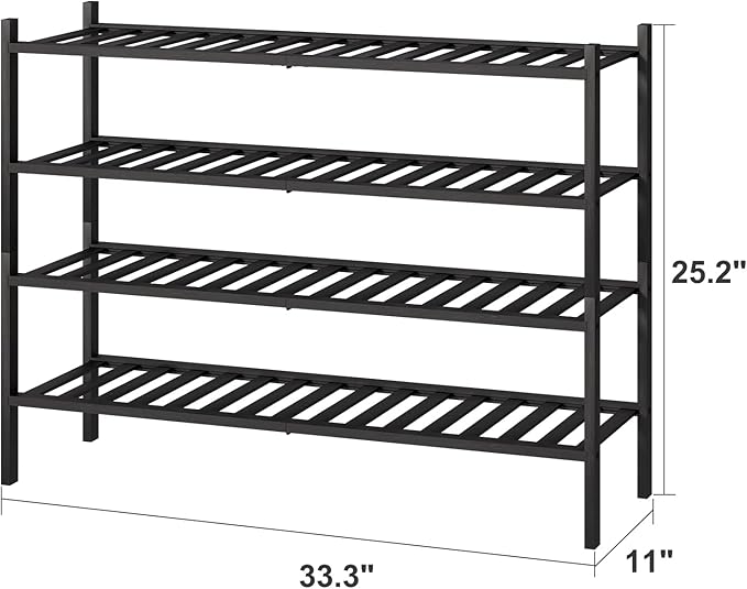 Black 4-Tier Long Shoe Rack, Bamboo Wood, 33-Inch