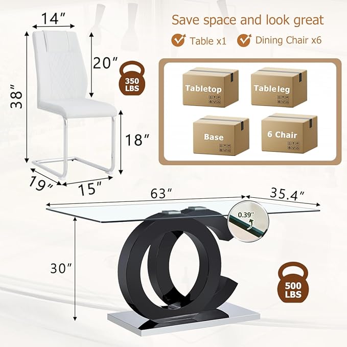 63'' Glass Dining Table Set for 6, Kitchen Table Chairs Set of 6, Clear Glass Dining Table with Black unique design Leg and Silver Metal Base, 6 PU Dining Chairs with Metal Legs, Living Room, Kitchen.