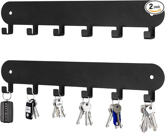 2 Pack Key Holder for Wall,Key Hooks,Key Holder Wall Mount Self Adhesive, Key Rack Wall Mount for Wall No Drill for Living Room, Kitchen, Bathroom, Garage (Black, 6 Hooks)