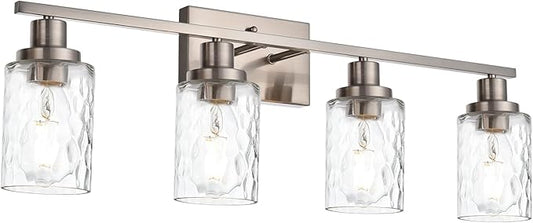 MELUCEE 4-Light Wall Light Fixtures Brushed Nickel Bathroom Vanity Light with Clear Hammered Glass Shade, Modern Wall Lamp for Powder Room Bedroom Porch (Patent No.: US D963914 S)