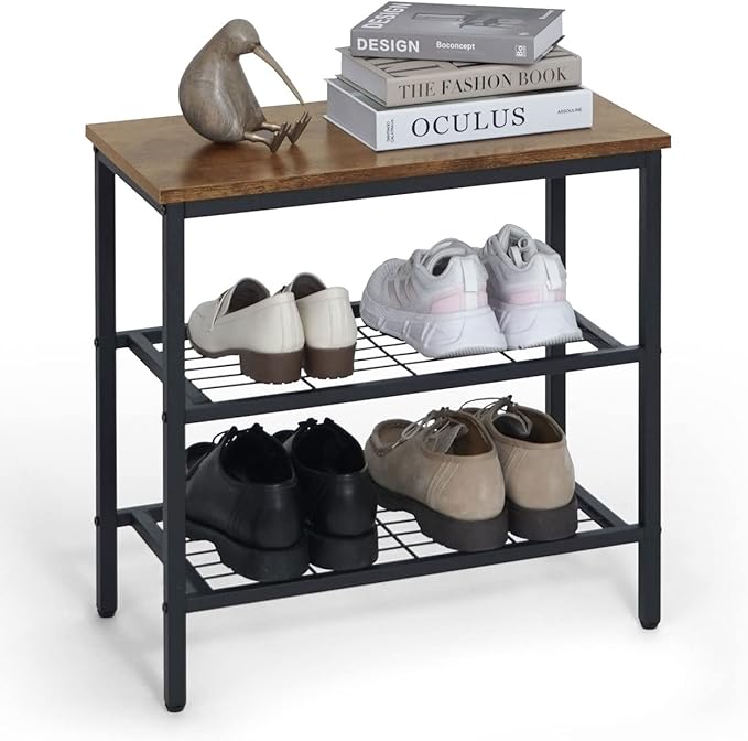 CAPHAUS 3-Tier Shoe Rack for Entryway, Mudroom Shoe Bench, Small Shoe Rack, Metal Shoe Shelf with Wood Board, Industrial Shoe Storage Table for Hallway, Living Room, Bedroom, Closet, Rustic Oak