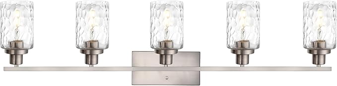 MELUCEE 5-Light Bathroom Light Fixtures Brushed Nickel Finish, Modern Vanity Light Industrial Wall Lamp with Clear Hammered Glass Shade for Powder Room Bedroom (Patent No.: US D963914 S)