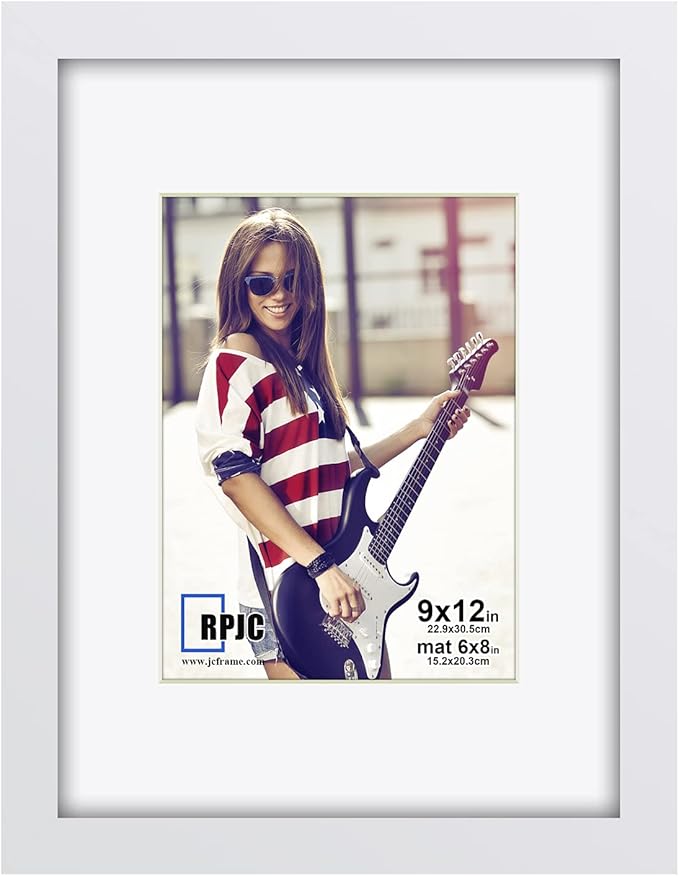 RPJC 9 x 12 Picture Frames Made of Solid Wood and High Definition Glass Display Pictures 6x8 with Mat or 9x12 Without Mat for Wall Mounting Photo Frame White