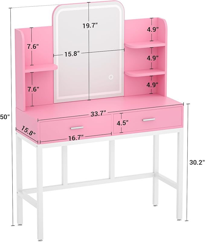 Armocity Vanity Desk with Mirror and Lights, Makeup Vanity with 2 Storage Drawers, Makeup Desk with 3 Color Lighting Options, Modern Dressing Table with Storage Shelf for Bedroom, Pink