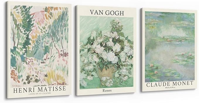 MINI ZOZI Sage Green Canvas Framed Wall Art Set Of 3 Matisse Van Gogh Monet Flower Prints 12x16 Wall Decor Large Mid Century Modern Aesthetic Over Bed Poster Painting Master Bedroom Living Room