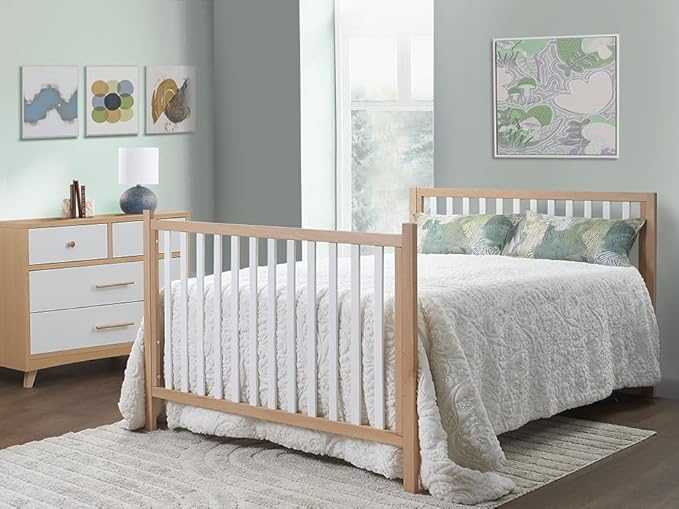 Sorelle Essex Euro 4-in-1 Convertible Crib & Changer – Nursery Furniture Set, Wooden Baby Crib with Non-Toxic Finish, Integrated, Toddler, Daybed, and Full-Size Bed Conversion Kit – White Natural