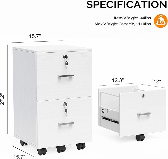 VINGLI 2 Drawer File Cabinet with Lock, Wood Grain White File Cabinets for Letter Size File Folders with Tabs, Mobile Under Desk Filing Cabinets for Home Office, Rolling Filing Cabinet Printer Stand