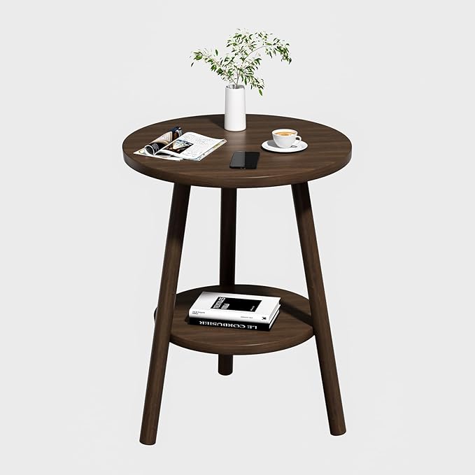 OERGKE Round End Table, Small Side Tables with Lower Shelf, Coffee Table, Bedside Table, Mid Century Modern Nightstand for Living Room, Bedroom, Corners and Office (Walnut)