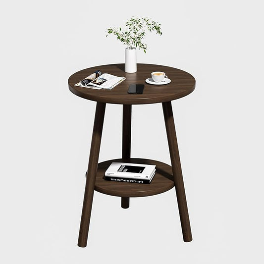 OERGKE Round End Table, Small Side Tables with Lower Shelf, Coffee Table, Bedside Table, Mid Century Modern Nightstand for Living Room, Bedroom, Corners and Office (Walnut)