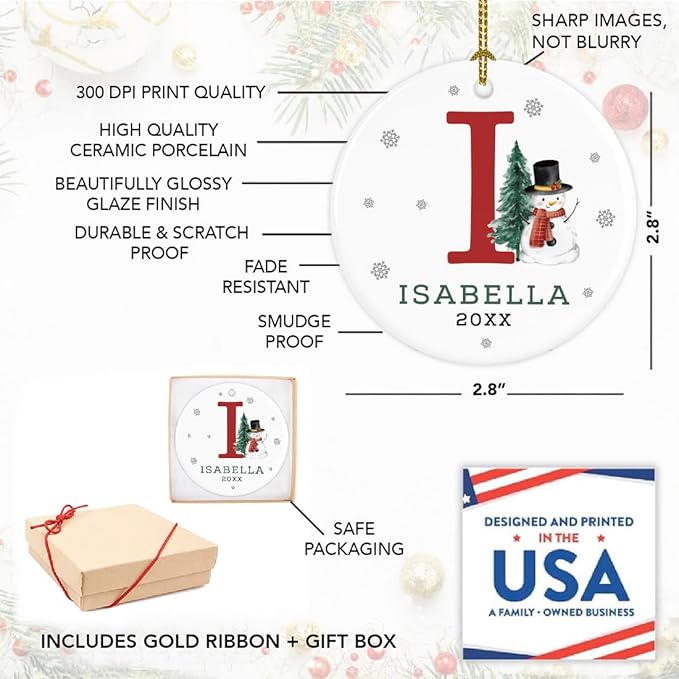 Andaz Press Personalized Ornament, Custom Name, Initial I Monogram Snowman 2.8" Ceramic Porcelain 2025 Christmas Ornament Keepsake for Kids, Boys, Girls, Includes Gold Ribbon & Gift Box, 1-Pack
