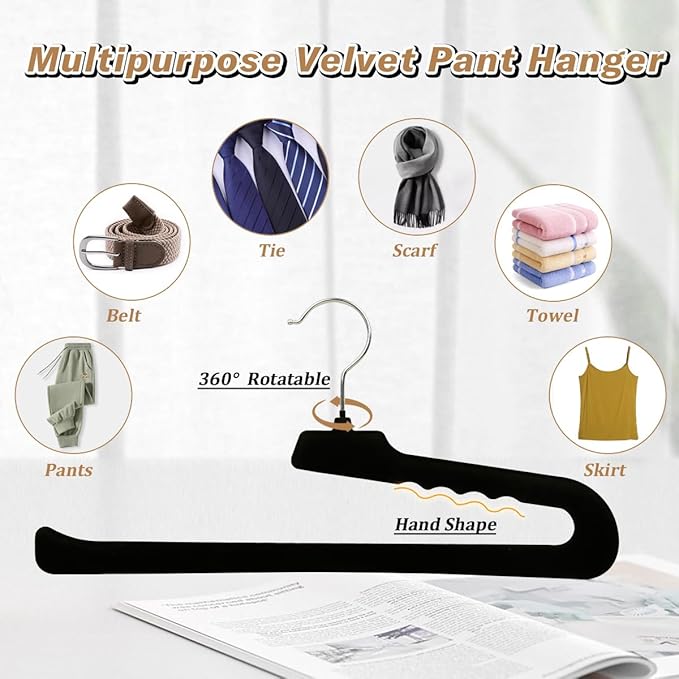 Velvet Pants Hangers,8 Pack Black Non Slip Felt Slack/Trouser,Slim & Sleek Heavy Duty Space Saving Closet Hangers with 360° Swivel Hook,Tank Top for Shorts,Jeans,Suit Pants,Towel