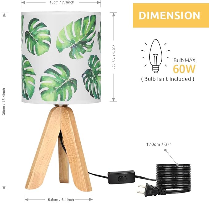 HAITRAL Small Table Lamp - Tripod Nightstand Lamp, Modern Bedside Desk Lamp for Kids Room, Girls Room, Bedroom, Dorm Room, Office with Wooden Base Fabric Lamp Shade