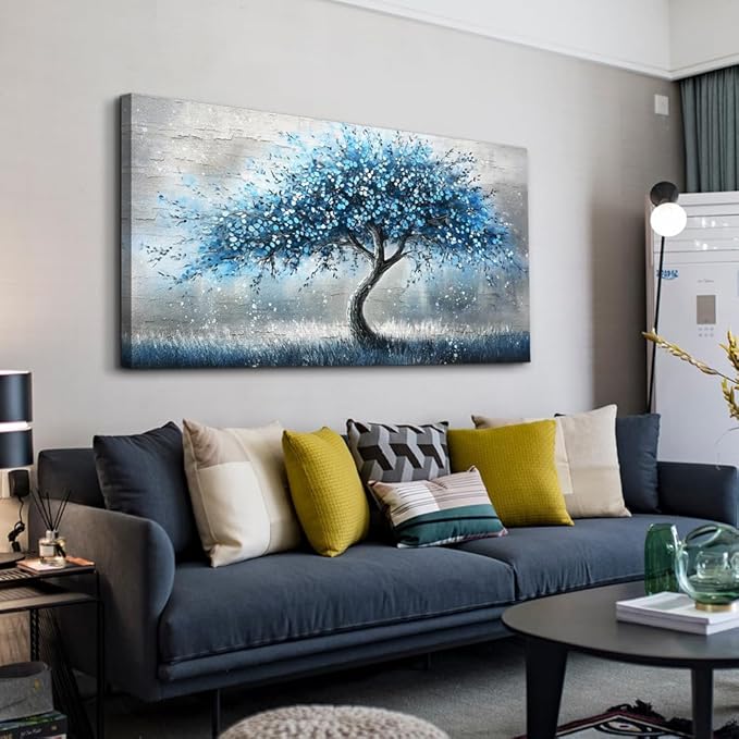 hyidecorart Wall Art Prints Abstract Canvas Painting Blue Tree Picture Panoramic Landscape Artwork Office Decor Modern Poster Ready To Hang Framed For Living Room Bedroom Home Decorations Wall Decor