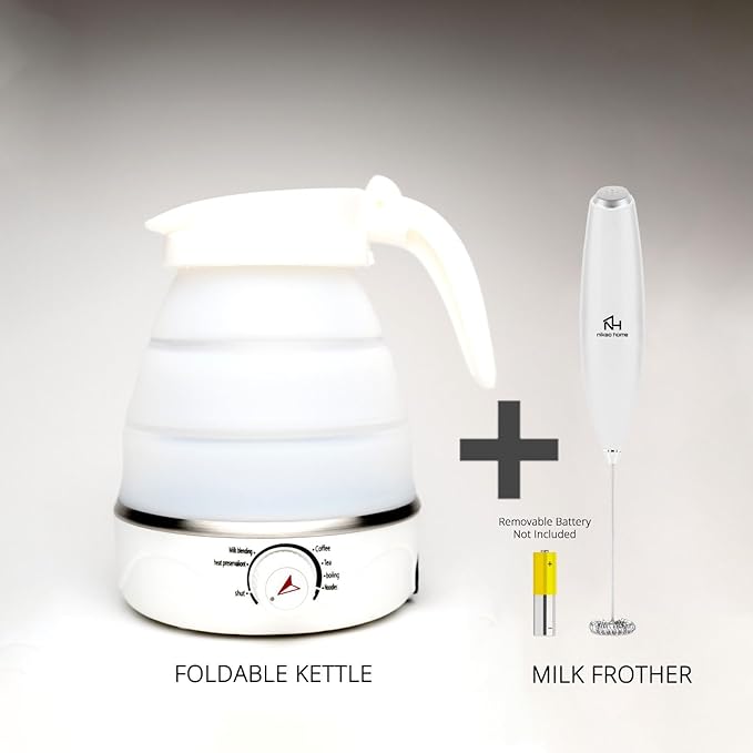 Nikao Home Foldable Electric Kettle Plus Milk Frother and Foldable Cup –Travel Kettle, Portable Tea Kettle for Travel, Mini Collapsible Water Warmer, Compact Design for Easy Storage and Quick Heating.