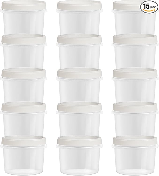 Screw Top Containers for Food 16 Oz, 15 Pack, 2 Cup Storage Containers with Lid, Reusable Twist Top Containers Twist Lock Stackable Round Twist Cap Plastic Freezer Container for Food, White