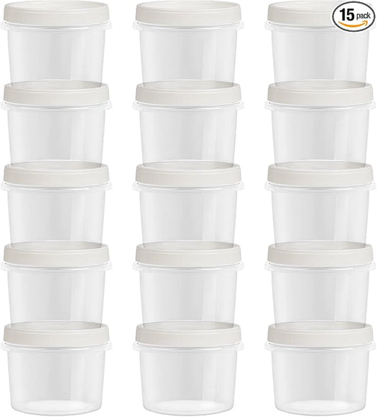 Screw Top Containers for Food 16 Oz, 15 Pack, 2 Cup Storage Containers with Lid, Reusable Twist Top Containers Twist Lock Stackable Round Twist Cap Plastic Freezer Container for Food, White
