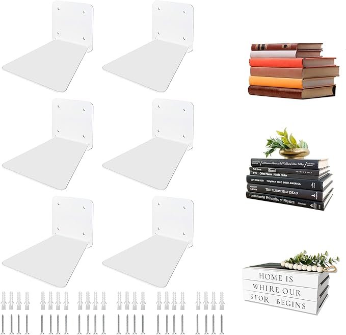Invisible Floating Bookshelf - Modern White Wall Mount Metal Shelves for Room, Bedroom Bookcase, Small Bookshelf with Minimalist Design, Sleek Storage for Books & Decoratives（6PCS）