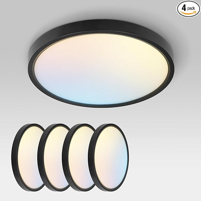 ASD LED 12" Round Flush Mount Ceiling Light Fixture, Low Profile Surface Lighting | 5CCT, Dimmable, Ultra-Thin, ETL Listed | 24W 2000LM 2700-6000K 100-277V | Kitchen, Hallway Lamp | Black, 4 Pack