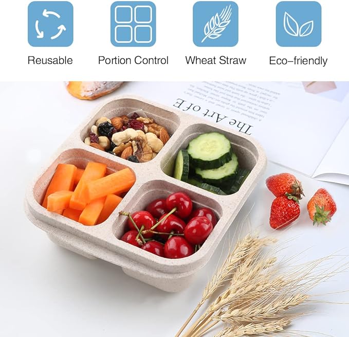 4 Pack Snack Containers, 4 Compartments Bento Snack Box, Reusable Meal Prep Lunch Containers for Kids Adults, Divided Food Storage Containers for School Work Travel