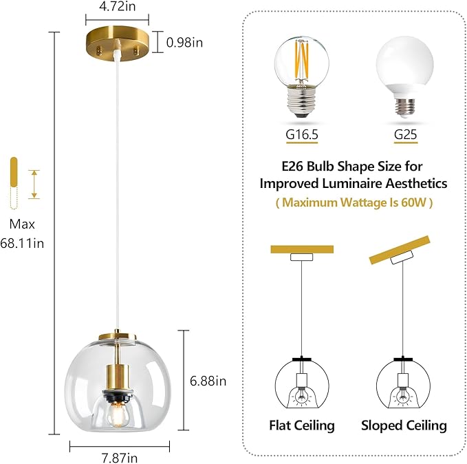 Clear Glass Pendant Light Fixture Kitchen Island Gold Hanging Light Globe Modern Pendant Lighting for Kitchen, Bedroom & Dining Room (7.87", 1 Pack)