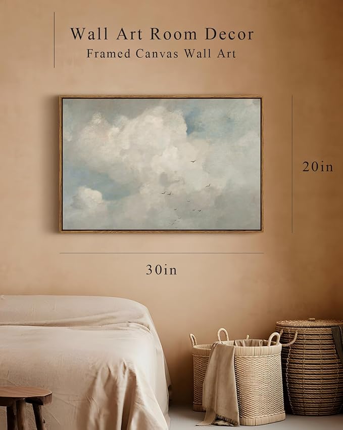 InSimSea Framed Canvas Wall Art Vintage Decor, Home Decor Classical Oil Paintings Sky Cloud Birds Prints, Vintage Landscape Large Wall Art for Living Room Bedroom Bathroom Office Decor, 20"x30"
