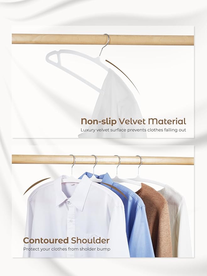 HOUSE DAY White Velvet Hangers 60 Pack, Luxury Non Slip Felt Hangers, Space Saving Clothes Black Hanger Heavy Duty, No Shoulder Bump Focked Hanger with 360° Swivel Hook for Closet