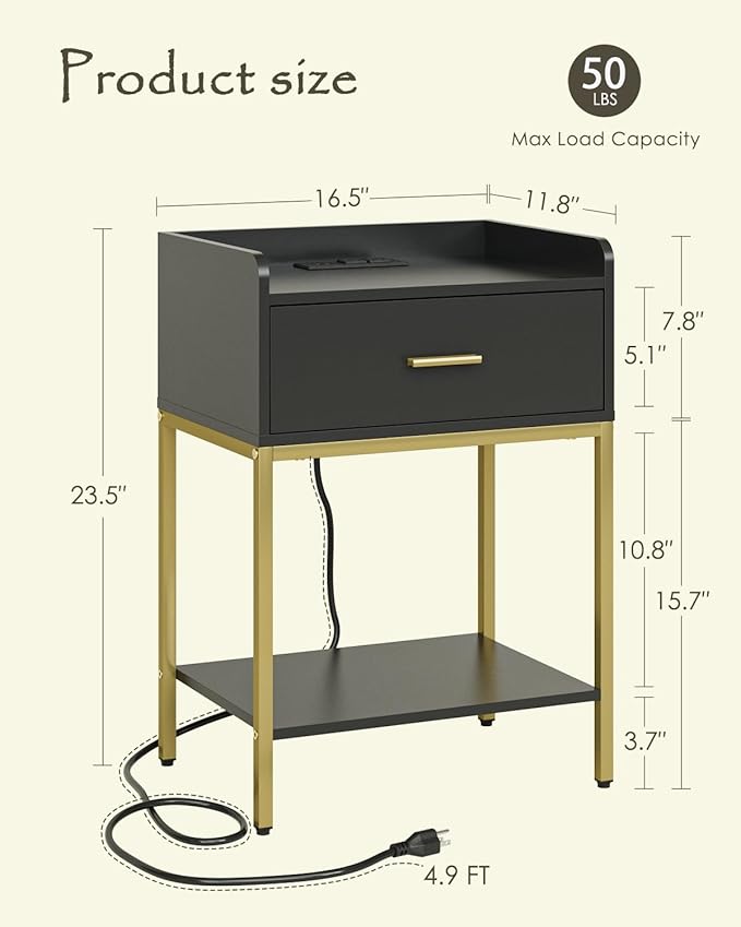Nightstand with Charging Station,3-Tier Bedside Table for Small Space,Modern Night Stand with Storage Drawer and Shelf,Small Side Table for Bedroom,Living Room,Black