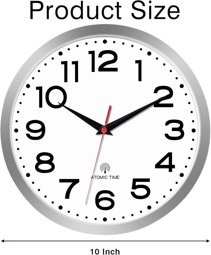 Atomic Wall Clock 10 Inch, Modern Clock Battery Operated Classic Analog Decorative for Kitchen, Living Room, Office, Bedroom, Bathroom (Silver)