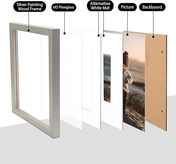 KINLINK 8x10 Picture Frame Light Grey, Solid Wood Frames with Acrylic Plexiglass for Pictures 4x6/5x7 with Mat or 8x10 without Mat,Tabletop and Wall Display Photo Frame, Set of 4