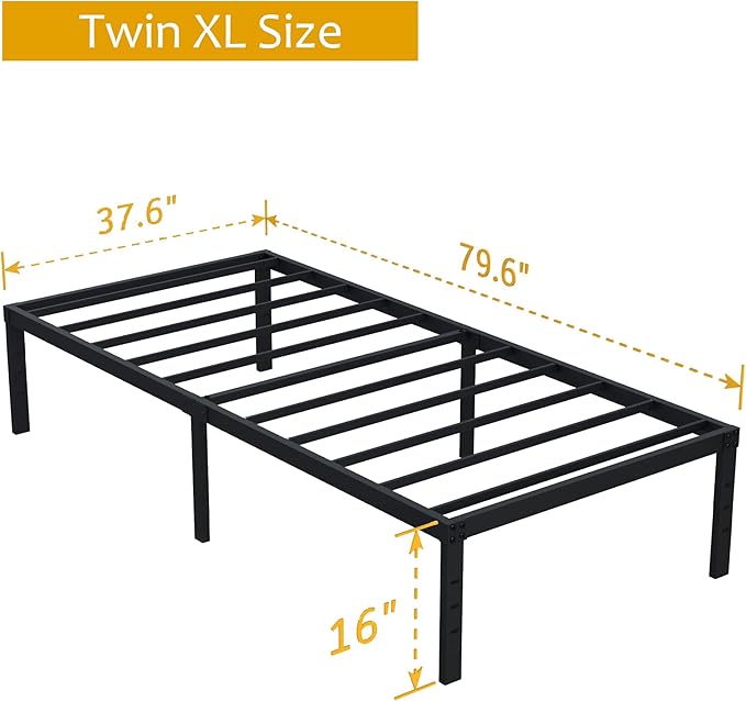 16 Inch Metal Twin XL Platform Bed Frame Support Up to 2500 lbs, No Box Spring Needed, Easy Assembly, Noise Free, Black