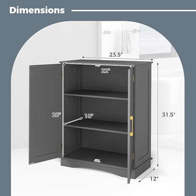 Tangkula Bathroom Floor Storage Cabinet, 31.5" H Freestanding Pantry Cabinet with 2 Doors and Adjustable Shelves, Kitchen Cupboard for Living Room, Dining Room, Bathroom (Gray, 31.5" H)