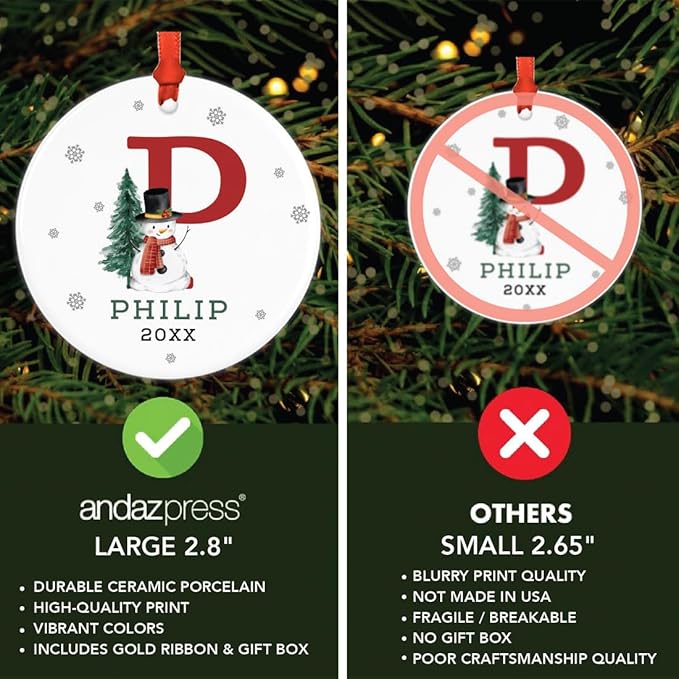 Andaz Press Personalized Ornament, Custom Name, Initial P Monogram Snowman 2.8" Ceramic Porcelain 2025 Christmas Ornament Keepsake for Kids, Boys, Girls, Includes Gold Ribbon & Gift Box, 1-Pack