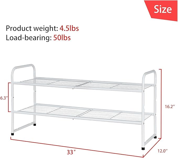 SUFAUY 2 Pack 2-Tier 33" Wide Shoe Rack, Shoe Shelf Storage Organizer for Entryway, Extra Large Capacity, Bedroom Footwear Organizer, Wire Grid, White