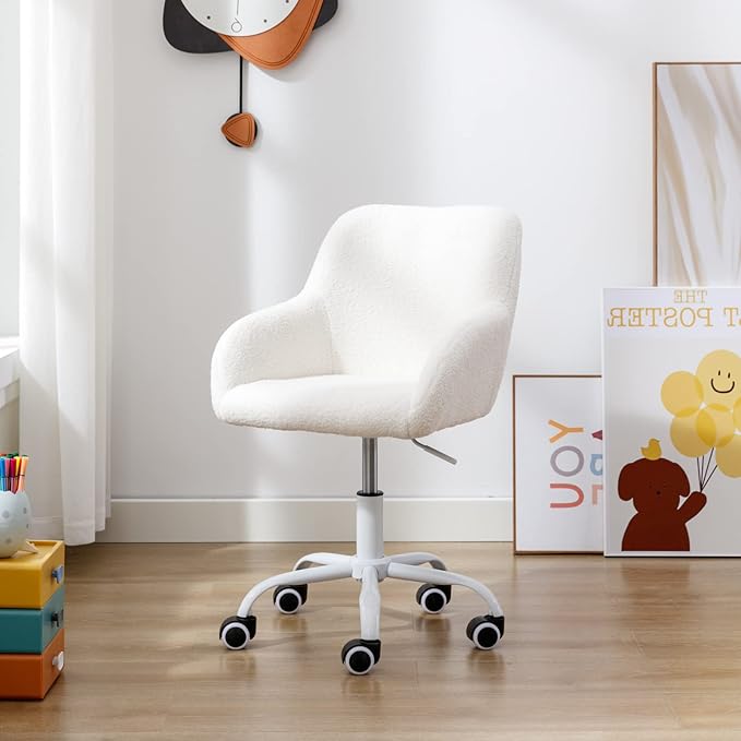 HEAH-YO Swivel Chair with Wheels, Adjustable Kids Desk Chair with Armrest and Back, Cute Lamb Wool Study Chairs for Boys and Girls, White