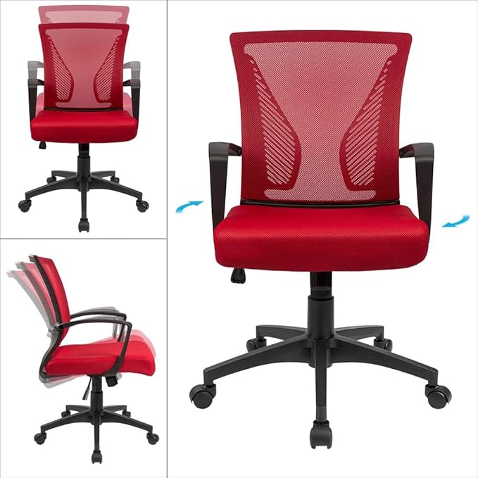 Furmax Office Chair Ergonomic Computer Desk Mesh Chair Mid Back Swivel Lumbar Support with Armrest (2, Red)