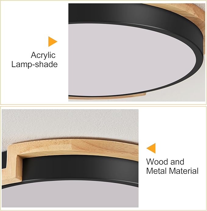 Modern LED Close to Ceiling Light, Round Flush Mount Ceiling Lighting Fixture, Matte Black with Wood Accent, Minimalist Kitchen Light Fixtures for Bedroom, Entryway, Living Room, 15.8in