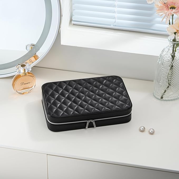 Lolalet Travel Jewelry Case for Women, Travel Jewelry Organizer Box with Mirror & Clear Storage Bag, Small Portable Traveling Earring Necklace Bracelet Ring Case, Bridesmaid Gifts -Large, Black