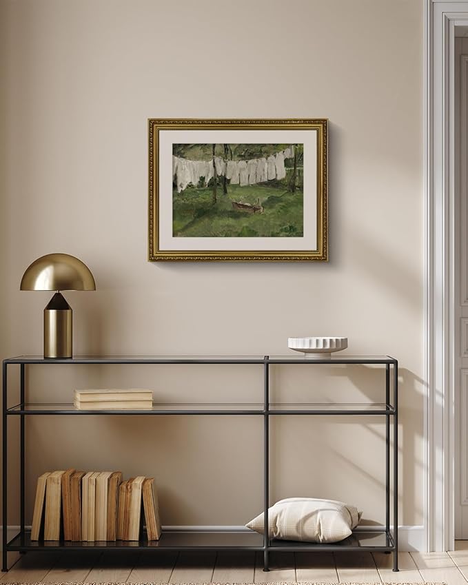 VIYYIEA Gold Framed Wall Art Canvas Print Home Decor Vintage Laundry Room Art Prints Antique Country Oil Painting Green Landscape Wall Decor Bathroom Art Wall Pictures for Living Room Bedroom 16x20in