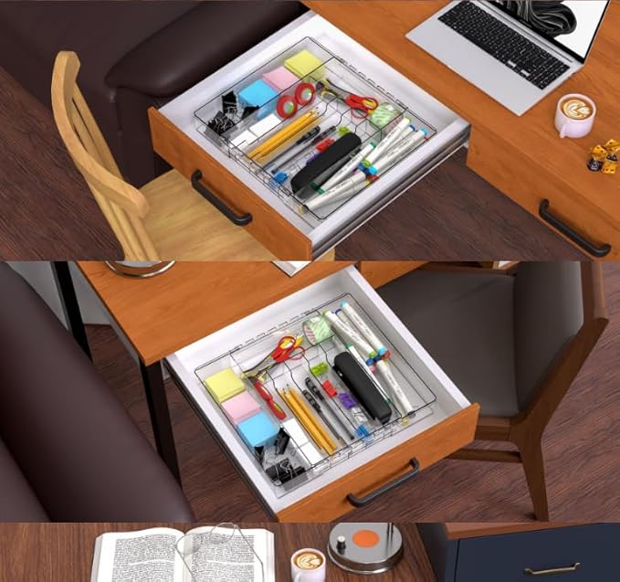 IEEK Silverware Drawer Organizer Tray for Kitchen,Expandable Utensil Tray Multipurpose Drawer Dividers Adjustable Cutlery and Flatware Holder,Plastic Spoon Forks Knives Holder Storage Divider,Clear-M