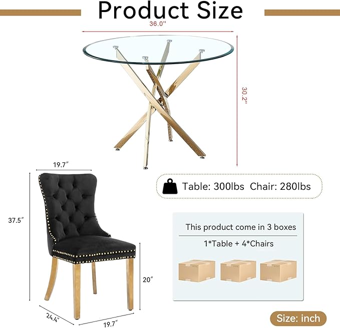 Goujxcy 5 Piece Round Glass Dining Table Set for 4, 36" Round Dining Table & Chair Set Modern Circle Glass Kitchen Table and 4 Velvet Upholstered Chairs for Kitchen Dining (Gold Table & Black Chair)