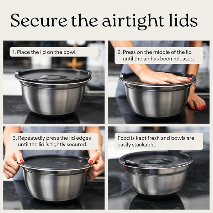 WHYSKO Stainless Steel Mixing Bowls with Lids Set - 5 Rustproof Metal Nesting Mixing Bowls for Kitchen, Meal Prep, Baking, Cooking, Storage - Includes 3 Grater Attachments, Dishwasher Safe