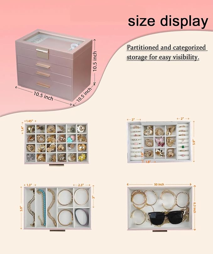 BOOVO Jewelry Boxes for Women, White and Black 4 Layer Large Jewelry Box for Necklace, Bracelet, Earrings, Rings Storage, Jewelry holder Organizer for Girls Gift (Rose gold, 4 layer)